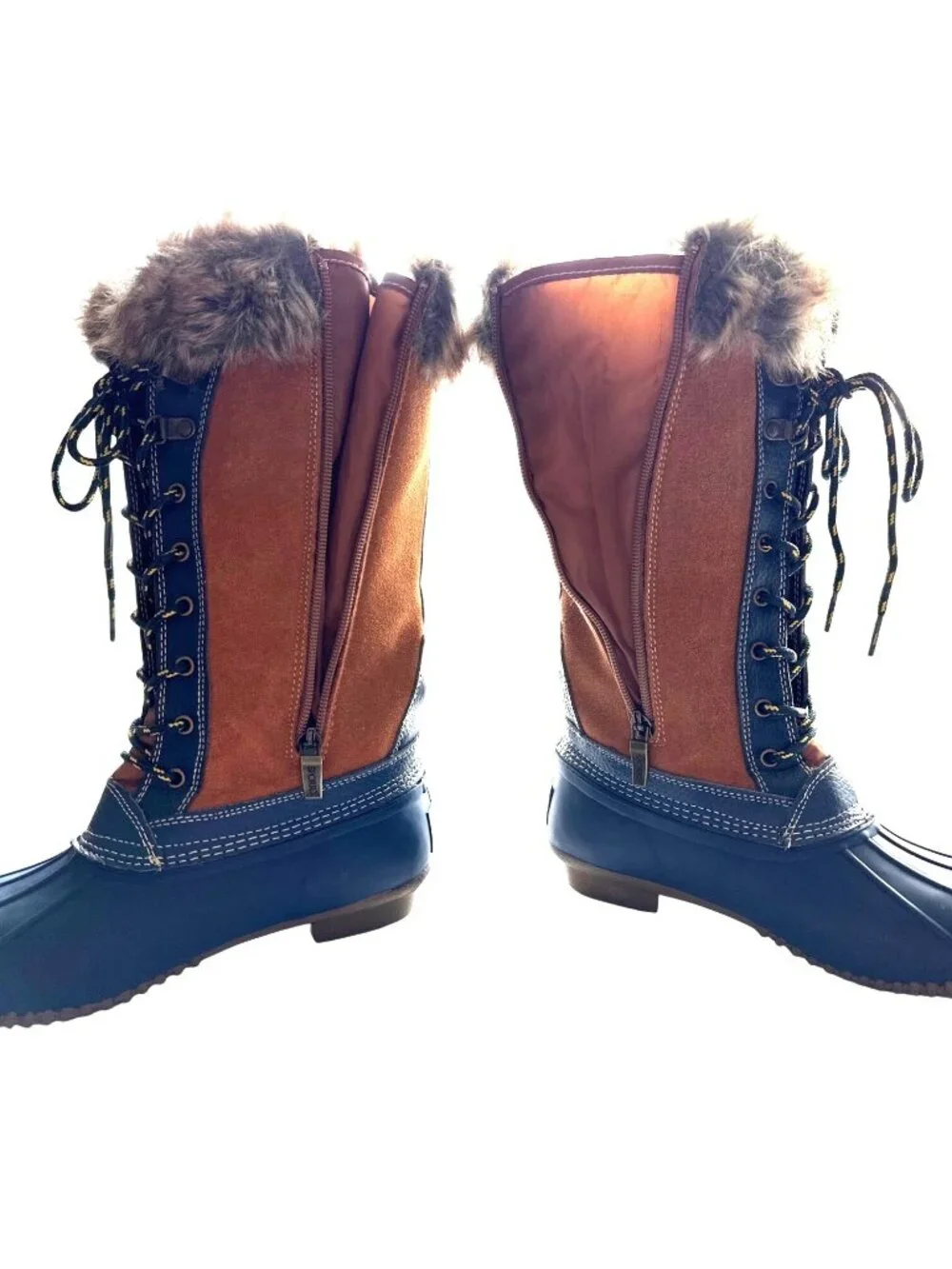Duck Boots Lace Up Sporto Leather Tan Navy Fur Lined Waterproof Side Zip Size 7